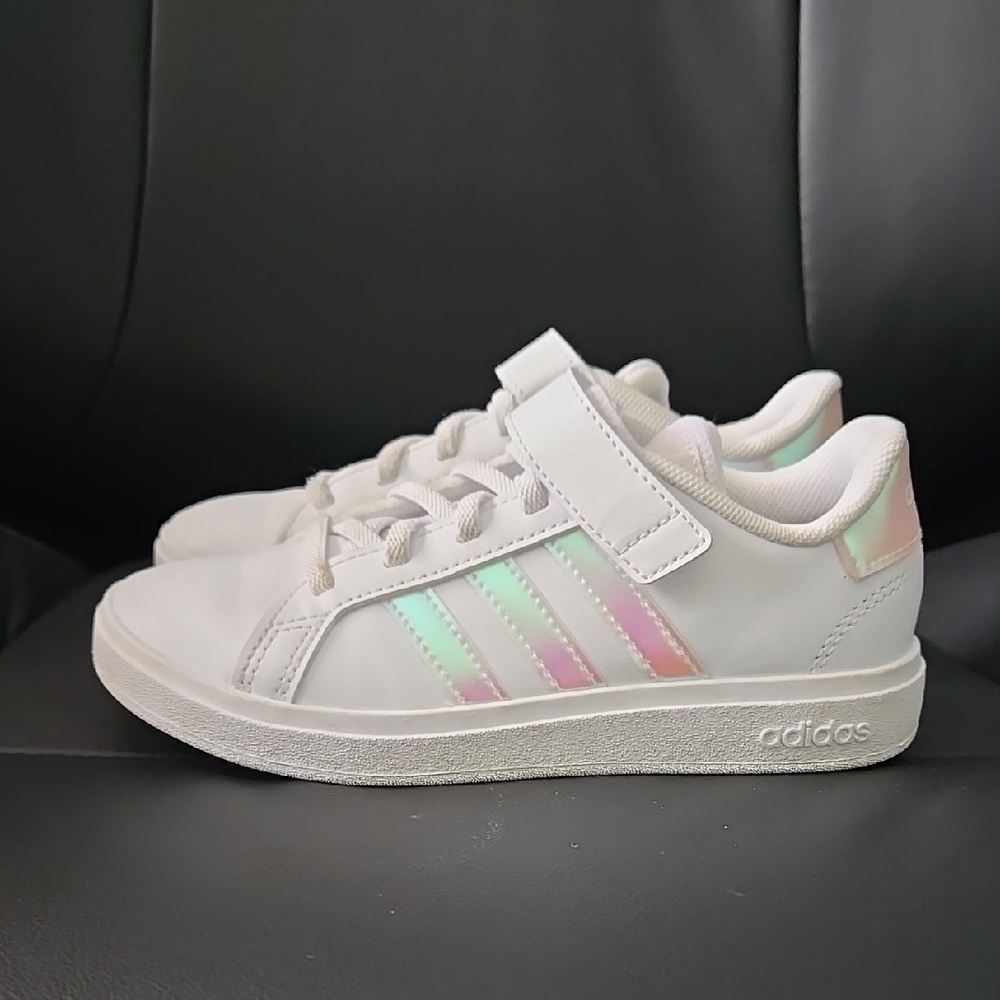 Adidas Kids White Sneakers with Iridescent Stripes